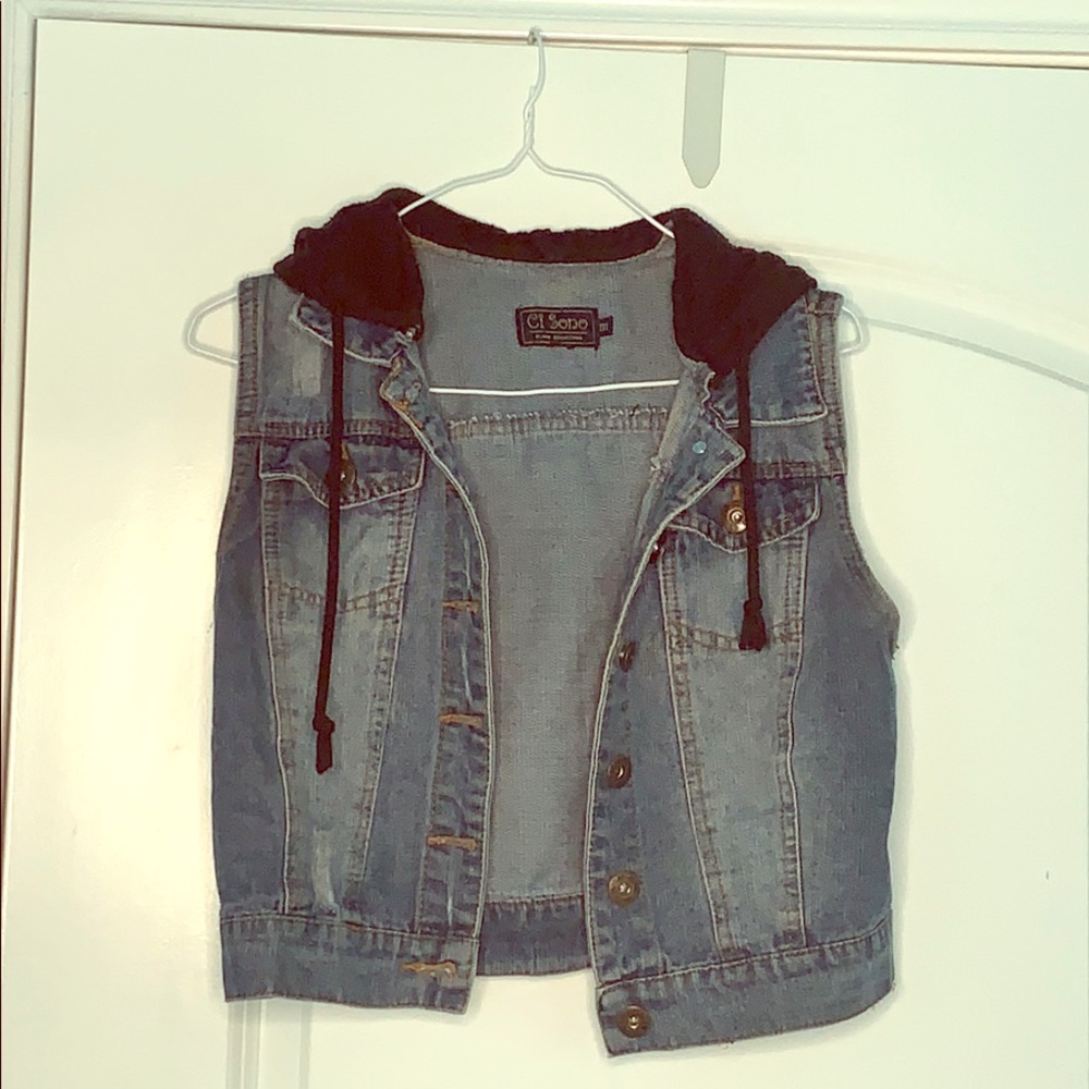 Denim Vest with Black Hood